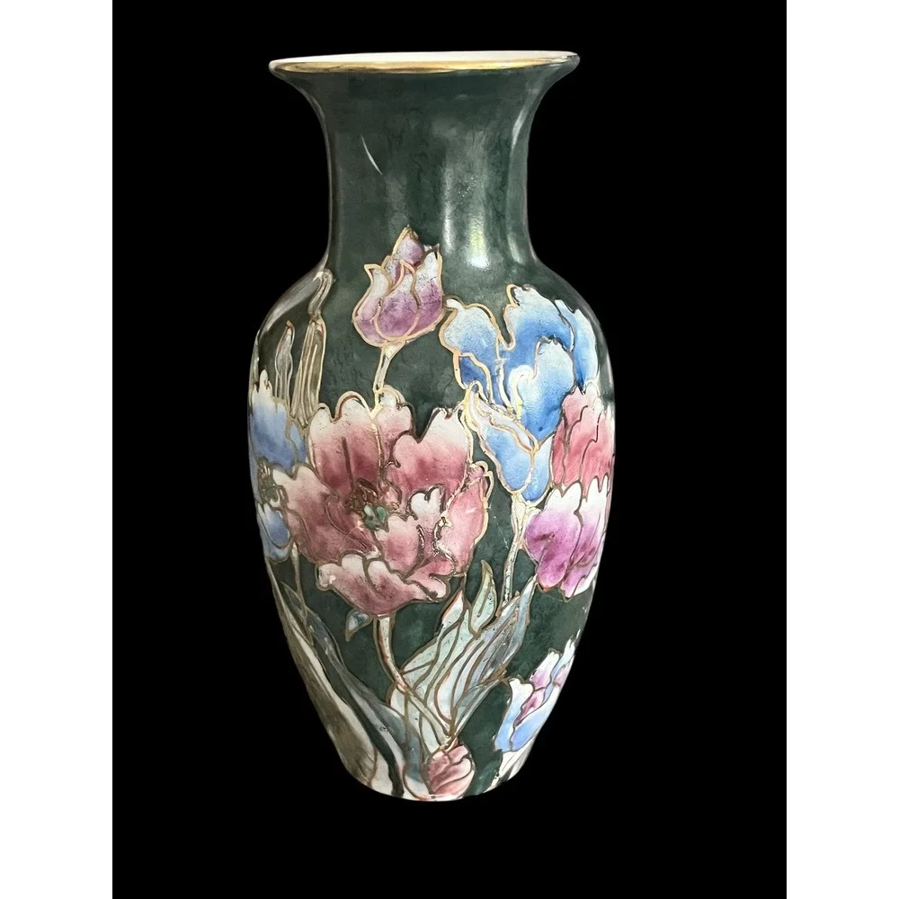 Vintage Hand Painted Chinese Porcelain Floral Vase Emerald Green Gilt 6.5in